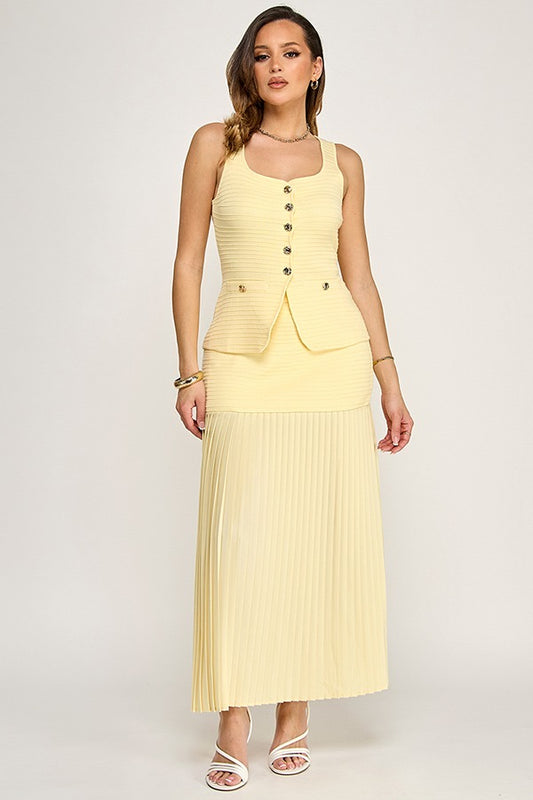CONJUNTO DE FALDA PLISADA AMARILLO MANTEQUILLA