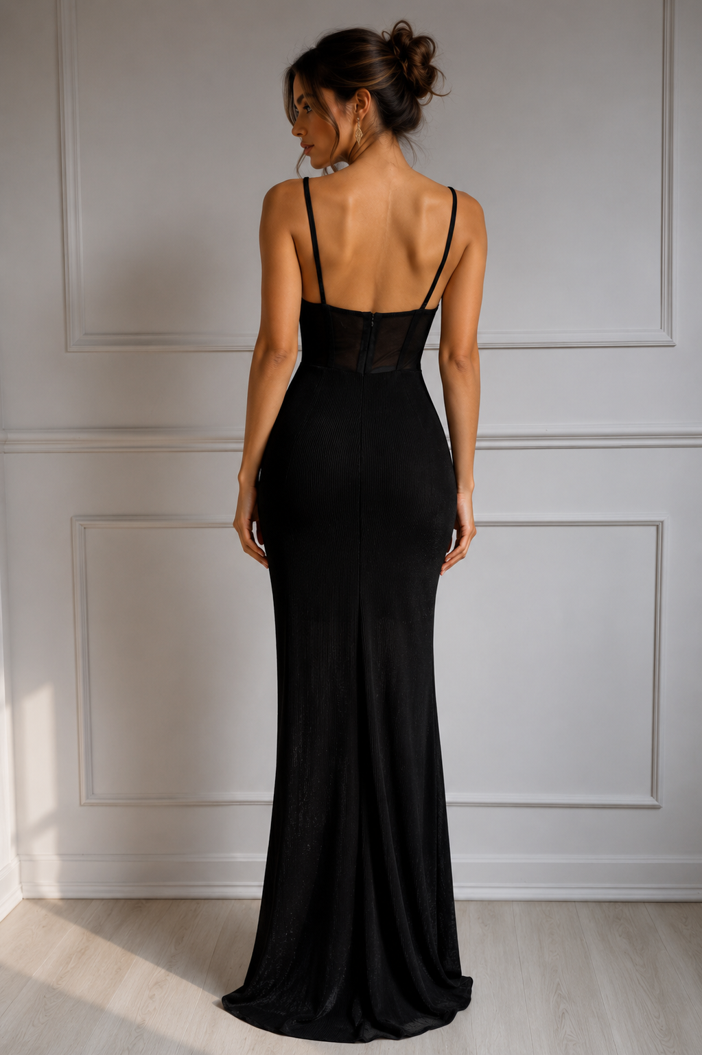 Vestido negro drapeado shimmer
