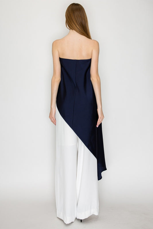 BLUSA STRAPLESS ASIMÉTRICA AZUL MARINO