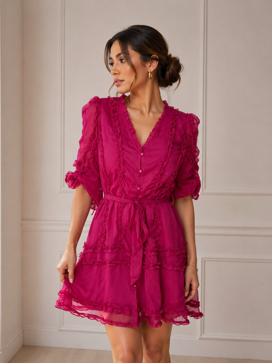 VESTIDO CORTO FUCSIA CON OLANES
