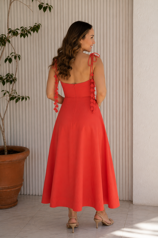 VESTIDO MIDI CORAL CON CORSET Y DETALLES FLORALES