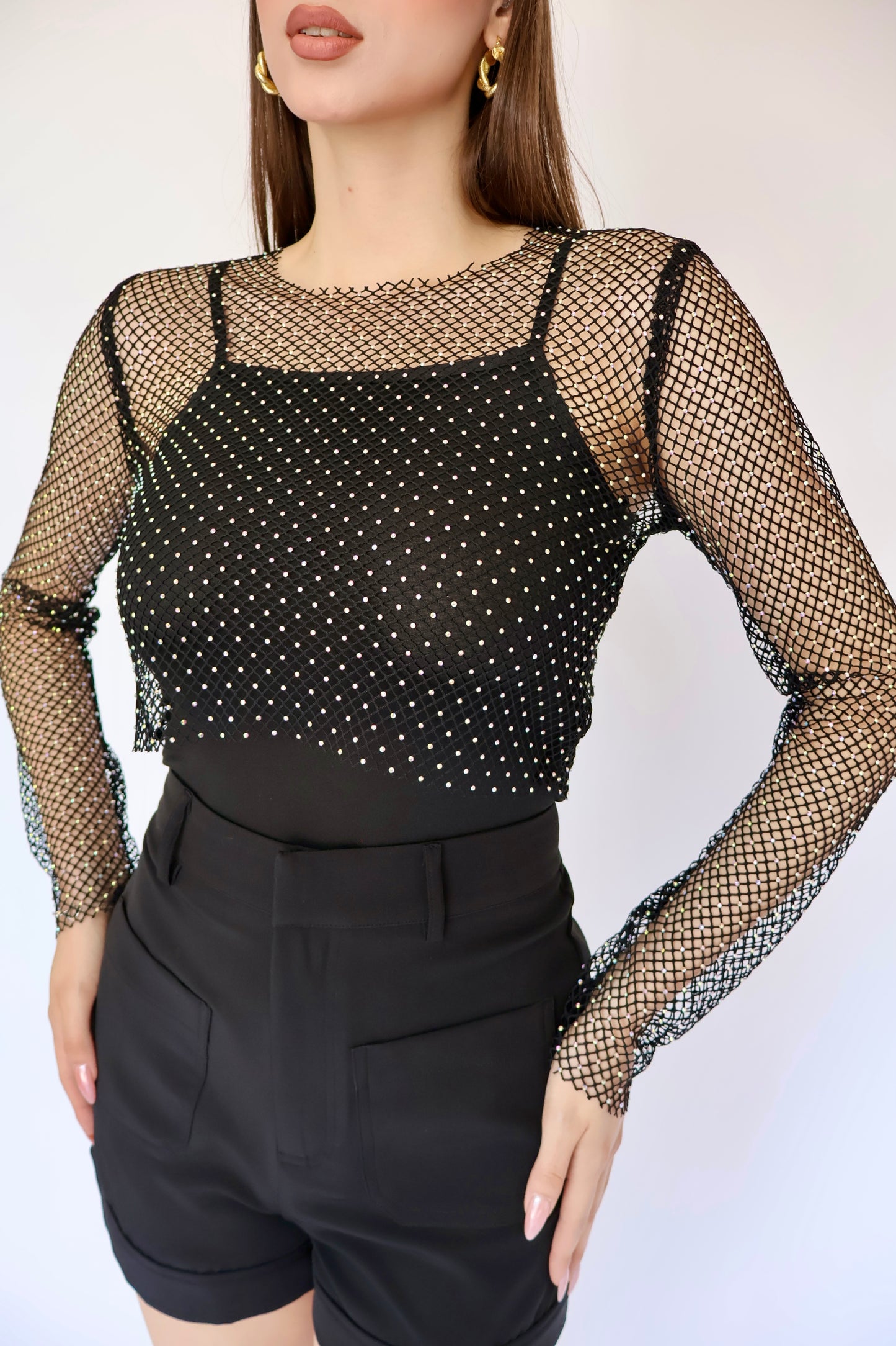 BLUSA TIPO RED NEGRA CON BRILLO Y MANGA LARGA