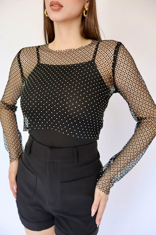 BLUSA TIPO RED NEGRA CON BRILLO Y MANGA LARGA