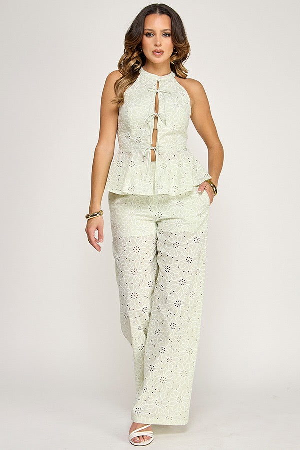 SET DE PANTALÓN BORDADO FLORAL MENTA