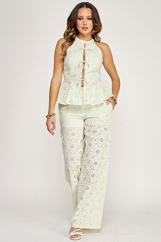SET DE PANTALÓN BORDADO FLORAL MENTA