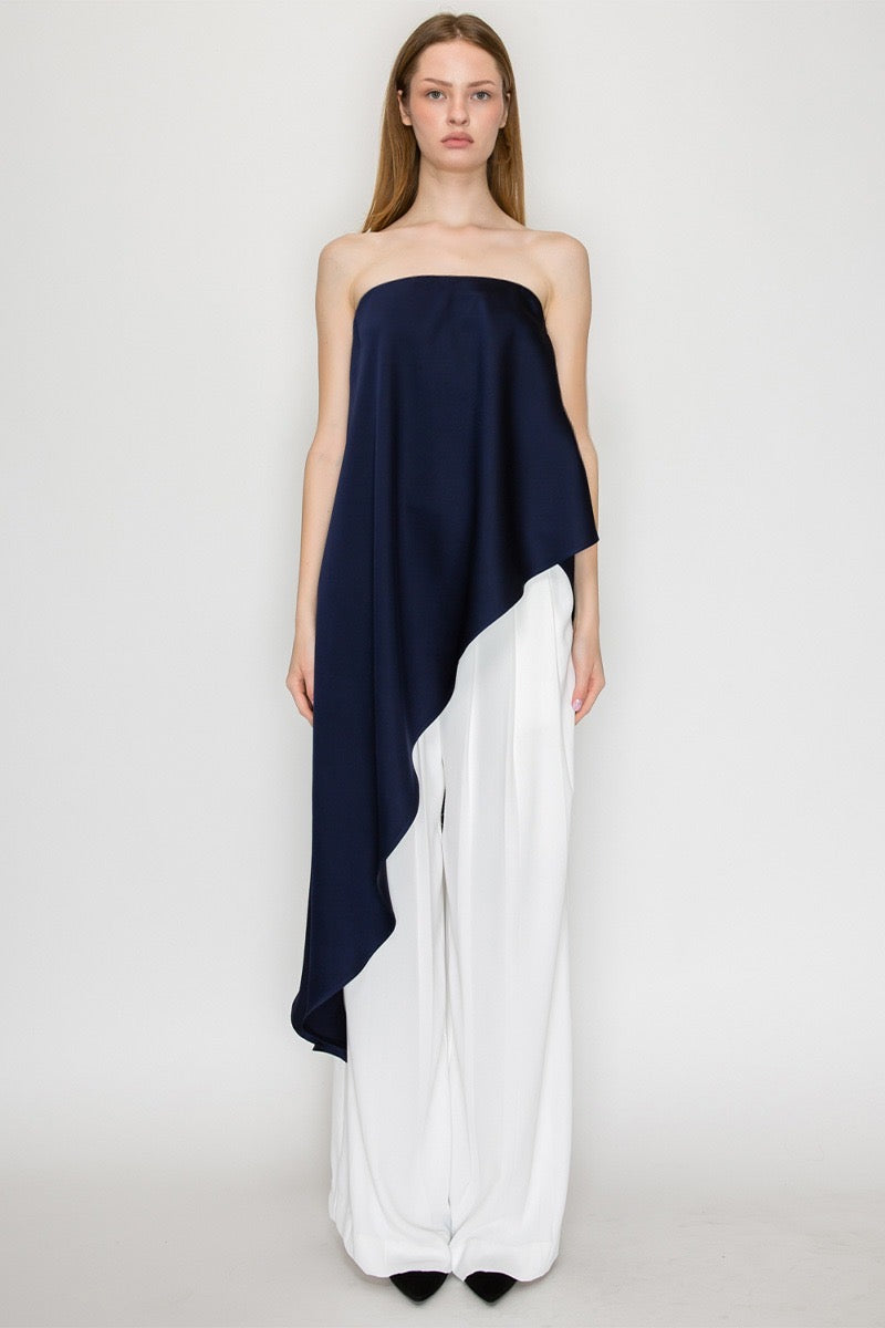 BLUSA STRAPLESS ASIMÉTRICA AZUL MARINO