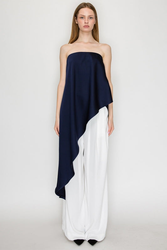 BLUSA STRAPLESS ASIMÉTRICA AZUL MARINO