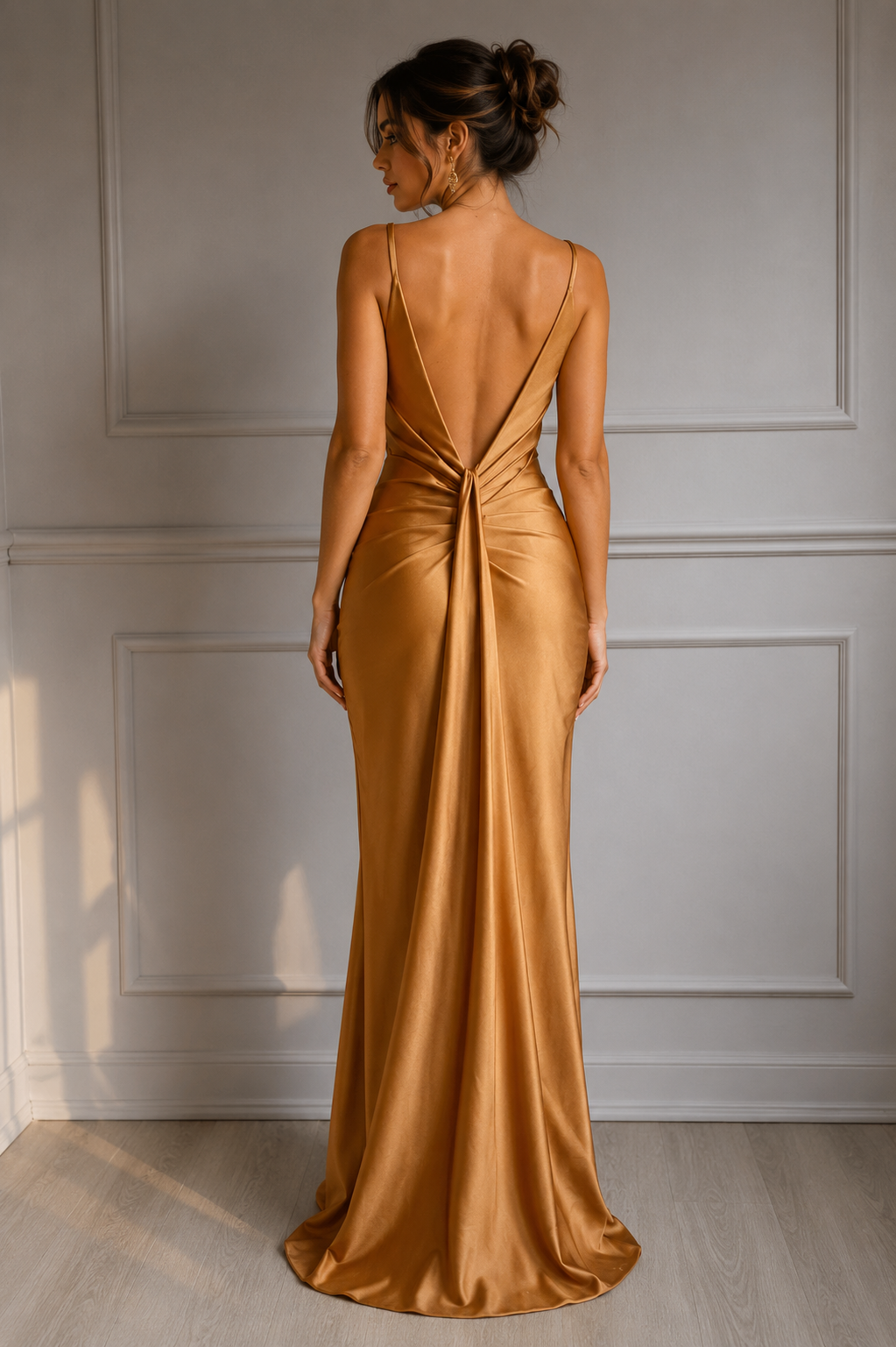 VESTIDO SATINADO DRAPEADO CAFÉ MOCHA