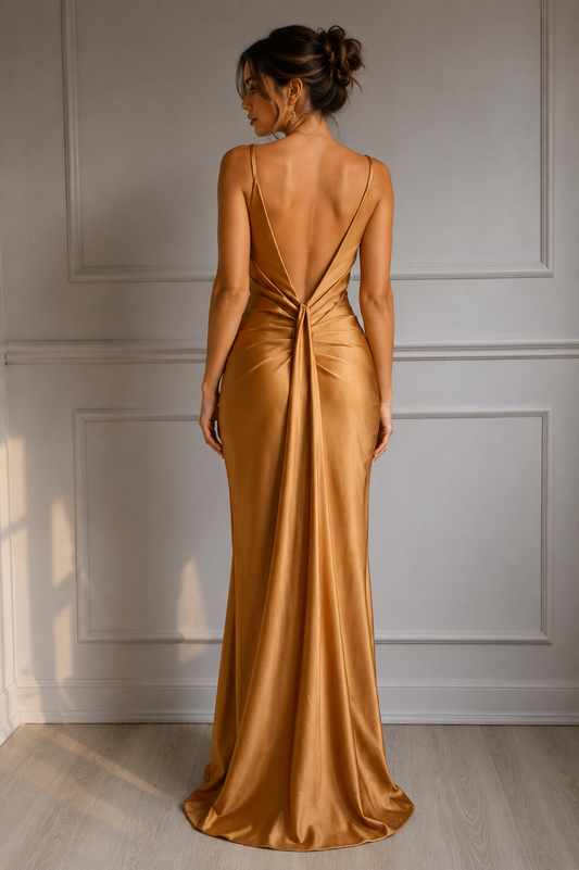 VESTIDO SATINADO DRAPEADO CAFÉ MOCHA