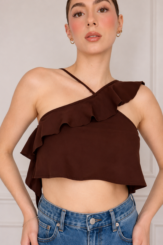 TOP ASYM RUFFLE NOIR