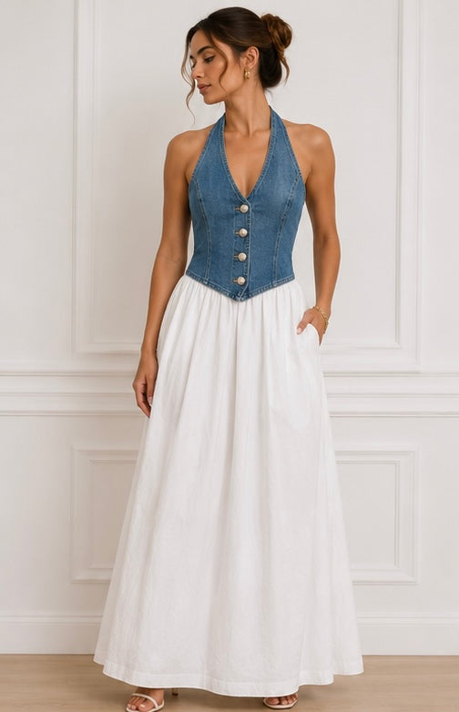 VESTIDO MIDI DENIM CONTRASTE