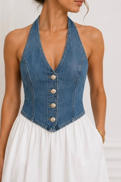 VESTIDO MIDI DENIM CONTRASTE