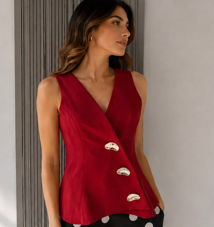 BLUSA ROJA TIPO CHALECO CON BOTONES DORADOS