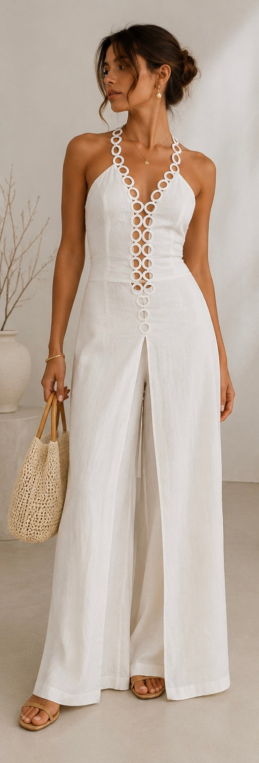 SET DE PANTALÓN TIPO LINO MARFIL CON DETALLE DE AROS