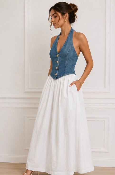 VESTIDO MIDI DENIM CONTRASTE
