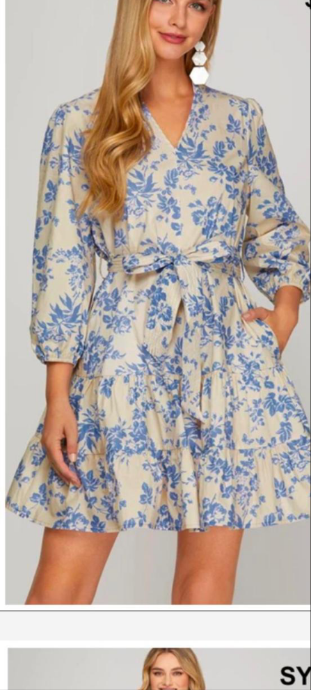 Vestido beige c/hojas azules corto y manga 3/4