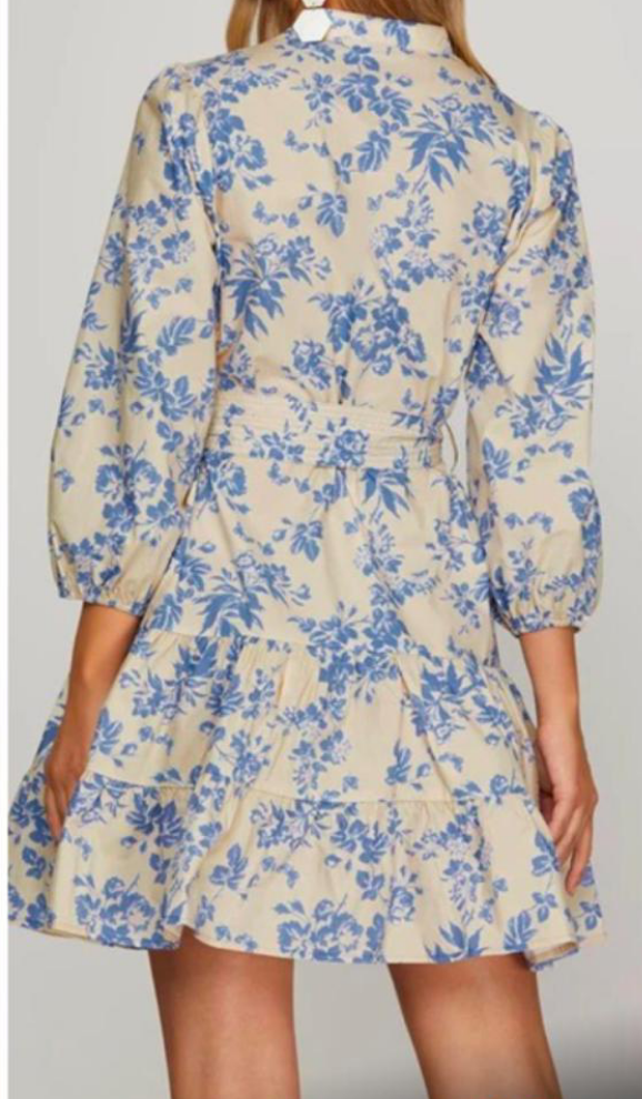 Vestido beige c/hojas azules corto y manga 3/4