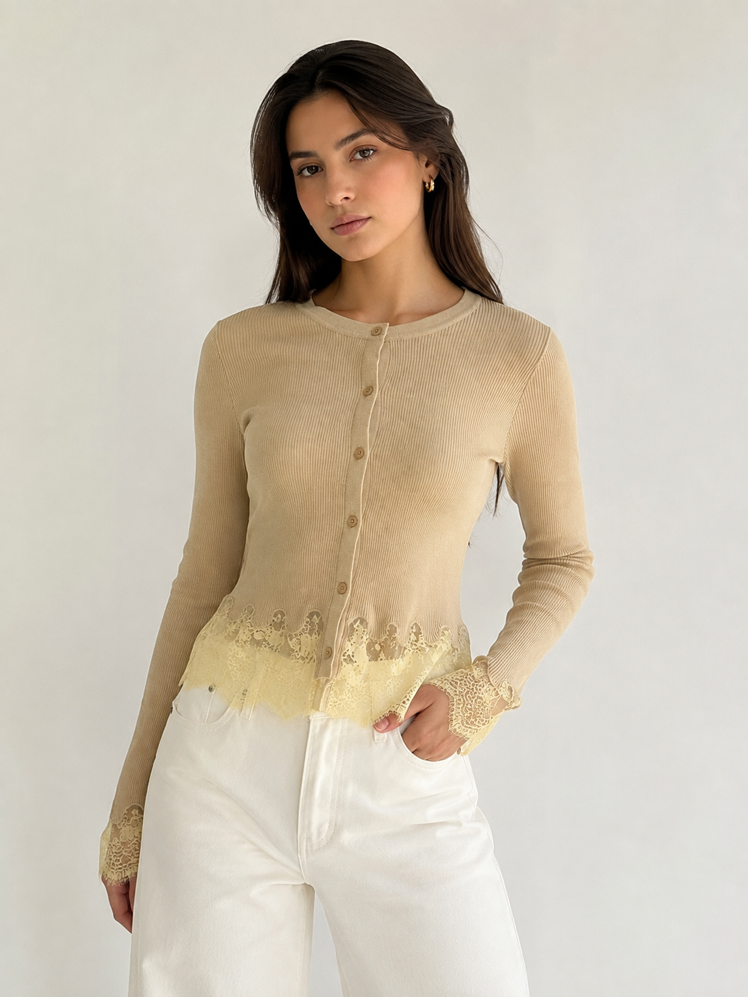 CARDIGAN LACE TRIM BEIGE