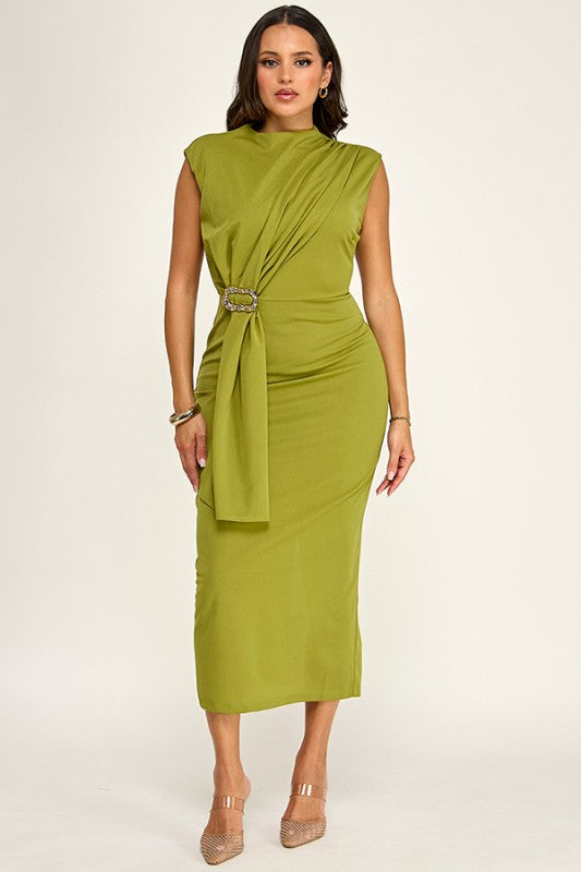 VESTIDO MIDI DRAPEADO MUSGO