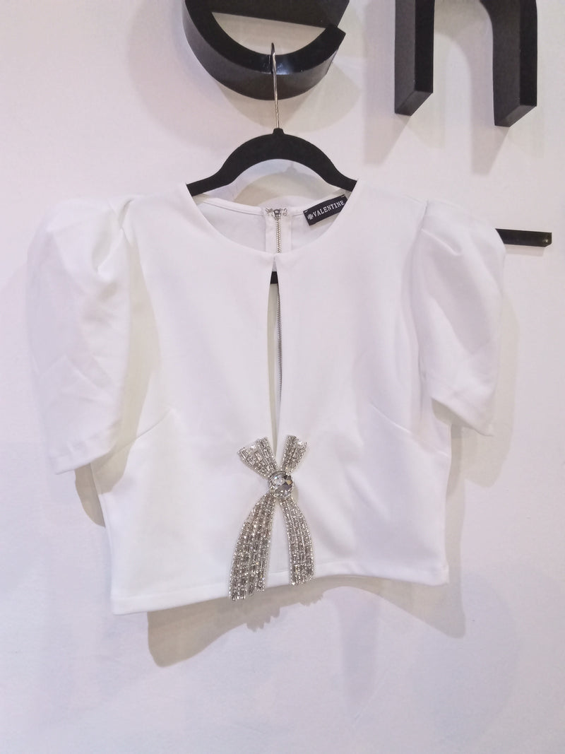 Blusa manga corta c/moño pedrería