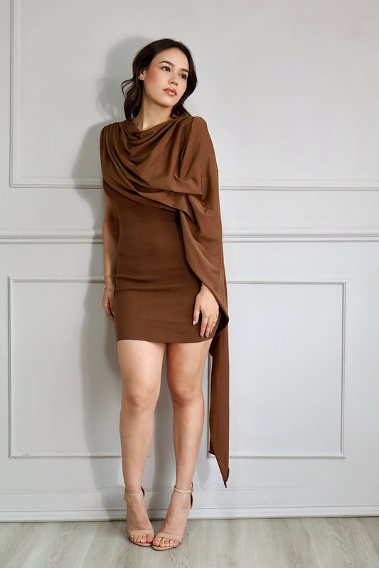 VESTIDO DRAPED MINIMAL MOCHA ELEGANCE