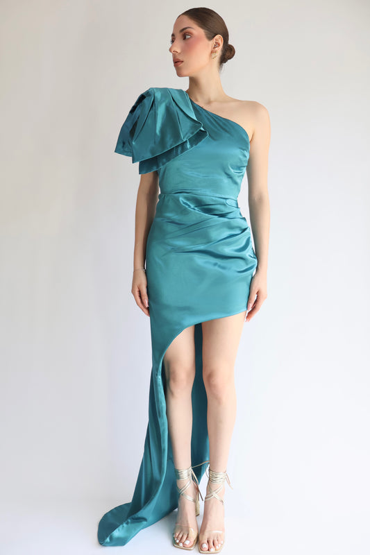 VESTIDO ASIMÉTRICO SATINADO AQUA GLAM