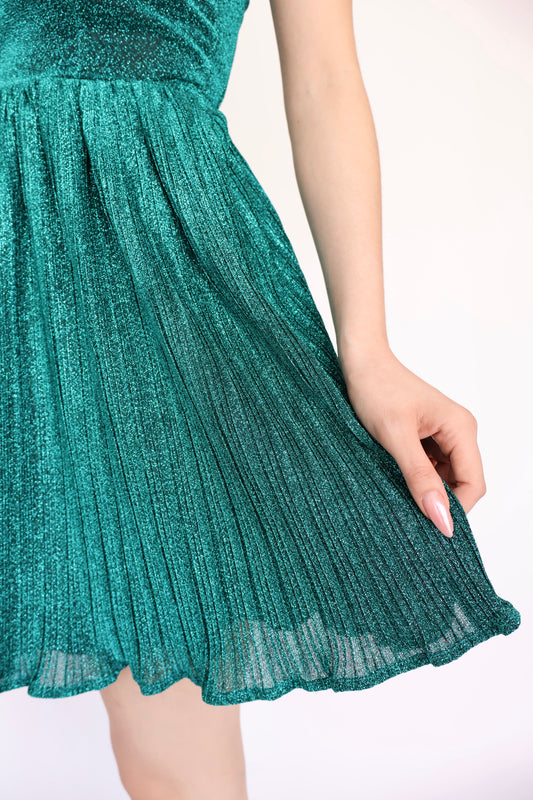 VESTIDO CORTO VERDE ESMERALDA GLITTER PLISADO