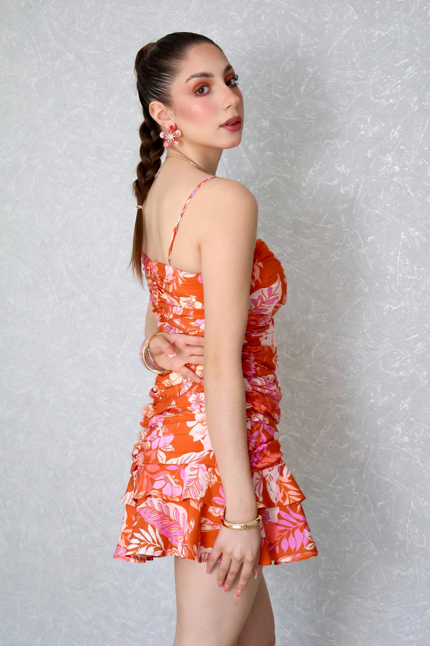 VESTIDO CORTO FLORAL SUNSET DRAPEADO