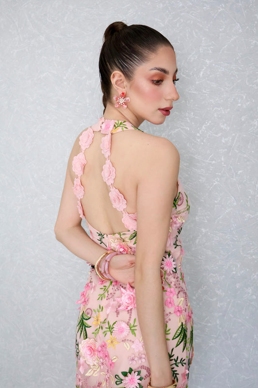 VESTIDO CORTO FLORAL BORDADO PINK GARDEN