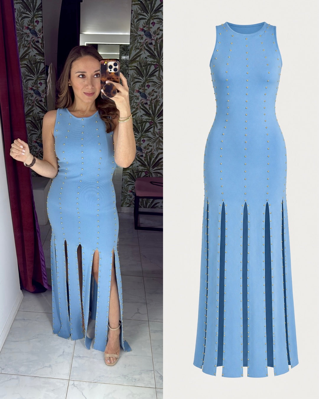 VESTIDO AZUL TEXTURIZADO CON APLICACIONES