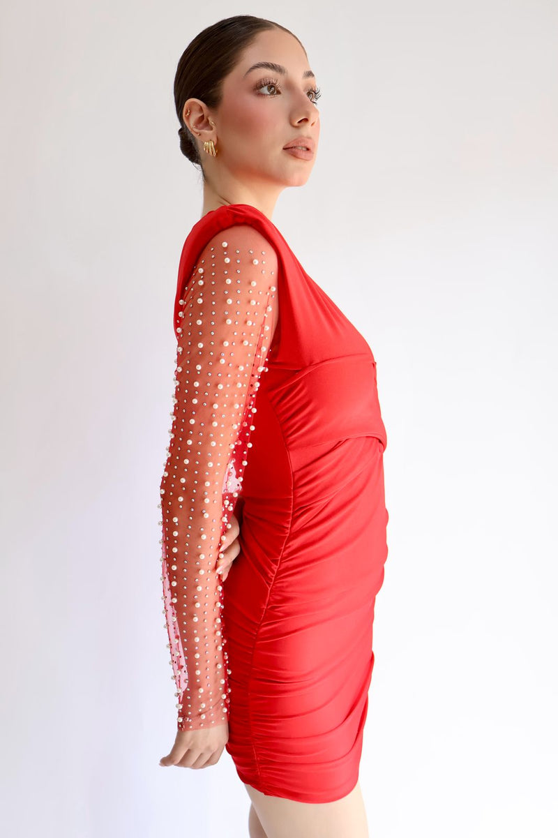 Vestido Rojo Perlas en manga