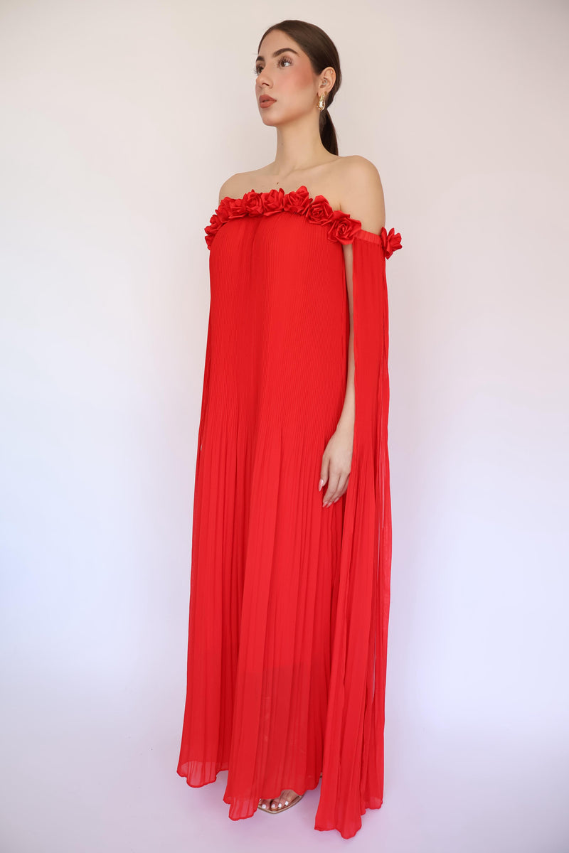 VESTIDO ROJO LARGO PLIZADO C/ROSAS ROJAS