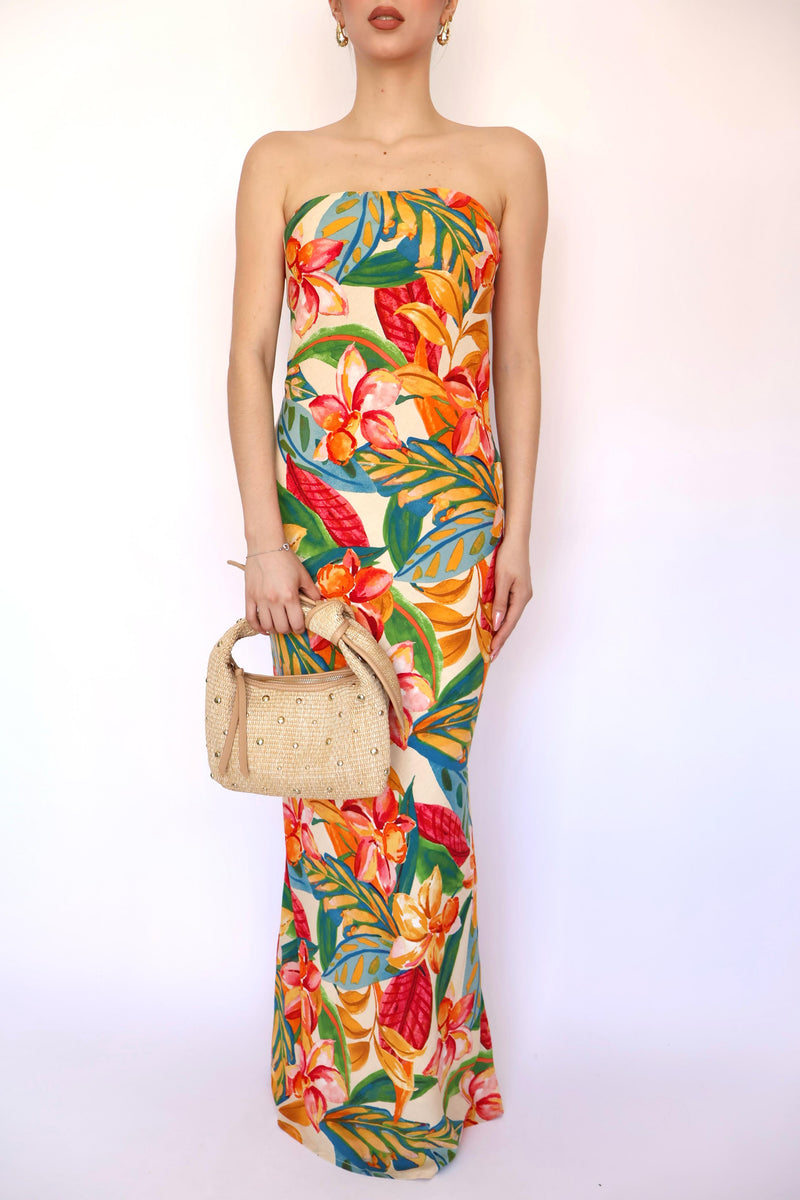 VESTIDO FLORES MIDI STRAPLESS